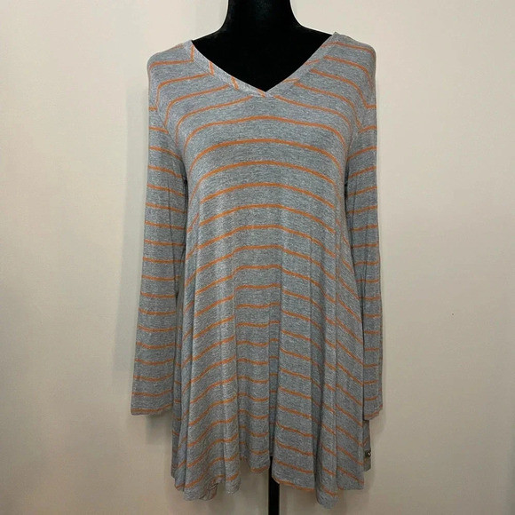 Matilda Jane Gray and Orange Striped V Neck Long Sleeve Tunic Top - Picture 1 of 10